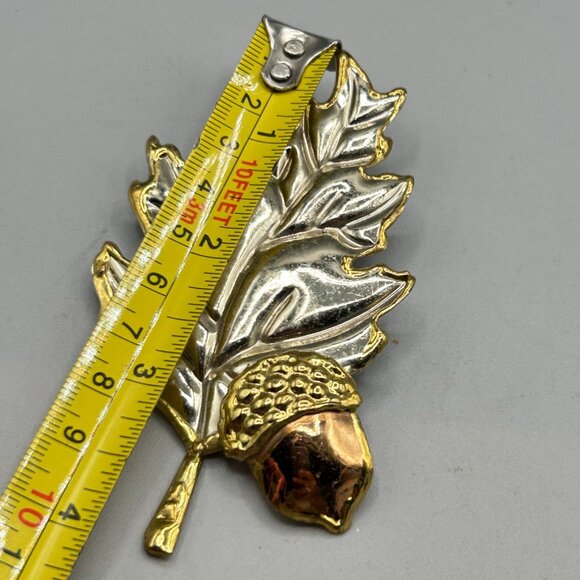 Oak Leaf Acorn Pin Brooch Brutalist Handcrafted Mixed Metals Oversized Signed SJ - Picture 7 of 7